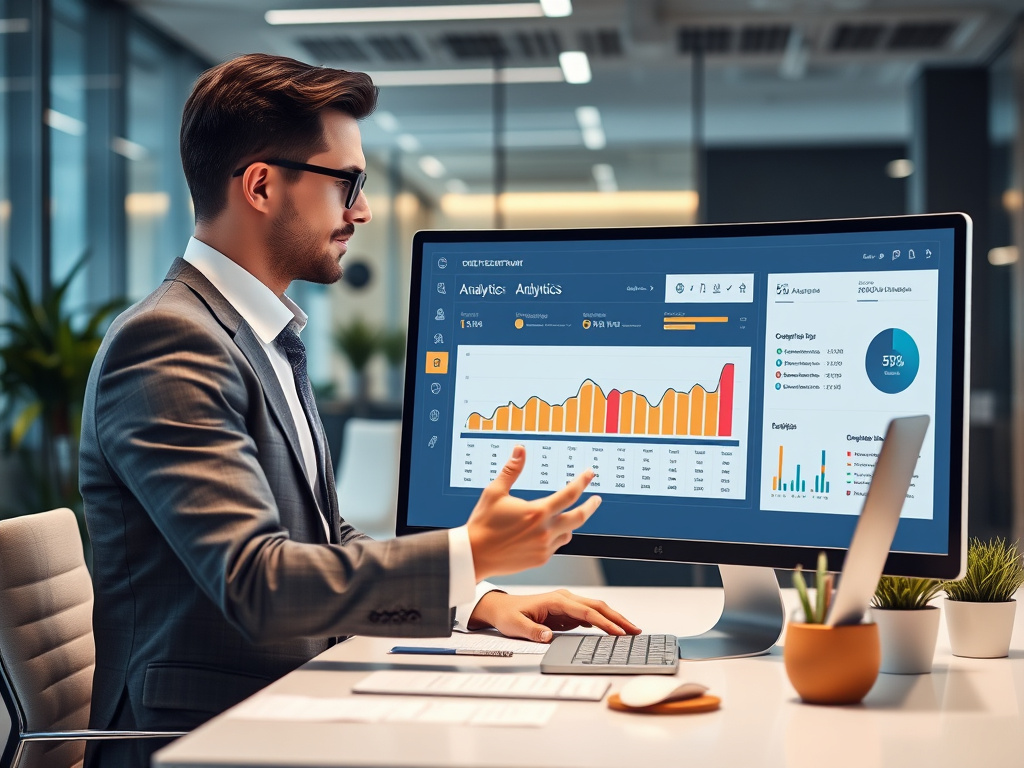 business professional reviewing SEO analytics dashboard in a modern office setting