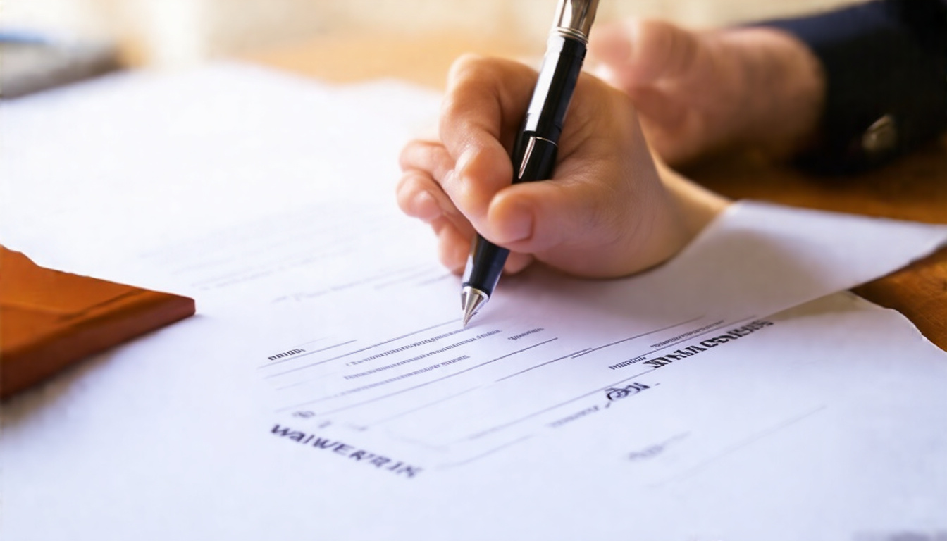  pen signing waiver form, close-up hands, blurred legal text in background