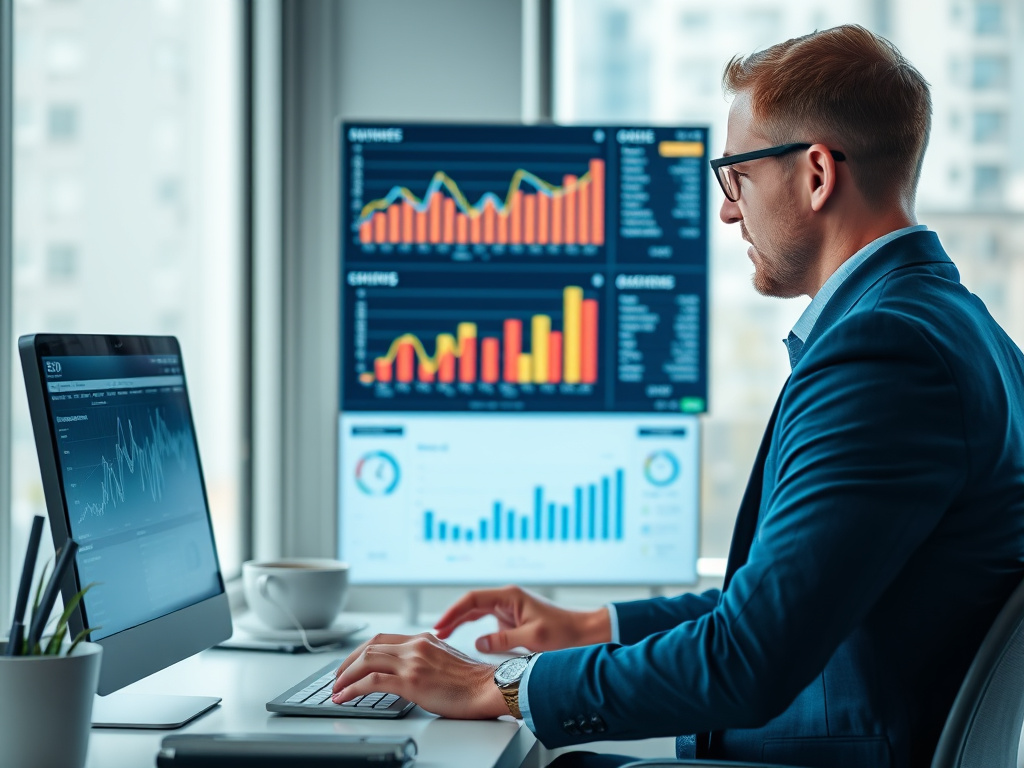professional SEO analyst reviewing performance reports on a digital dashboard