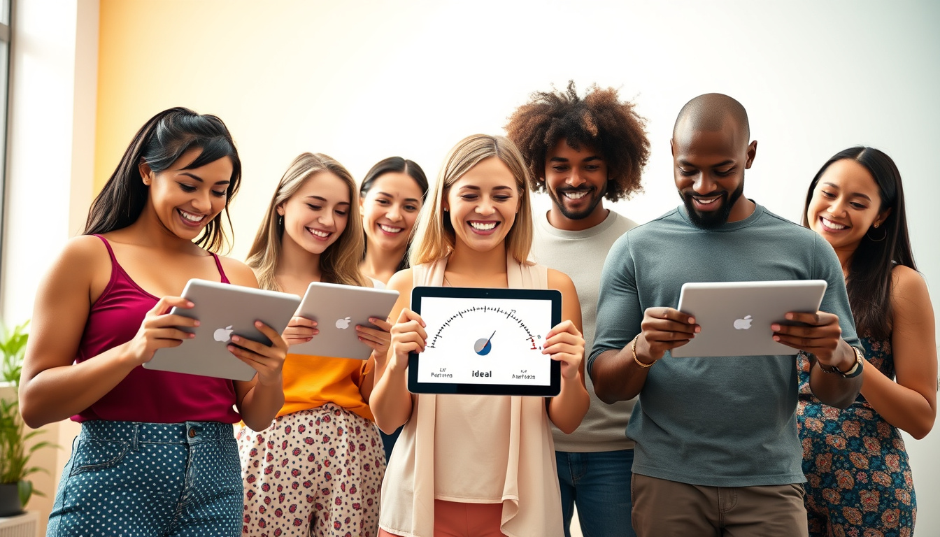  diverse group of people happily checking their ideal weight on tablets, bright health-focused setting