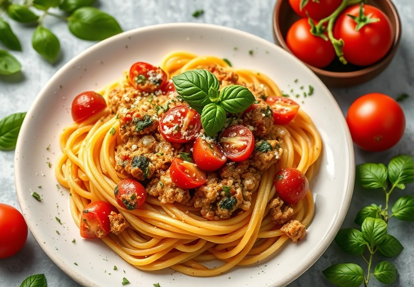Representação visual de Deliciosa Massa com Pesto de Abobrinha, Tomates Assados e Grão-de-Bico