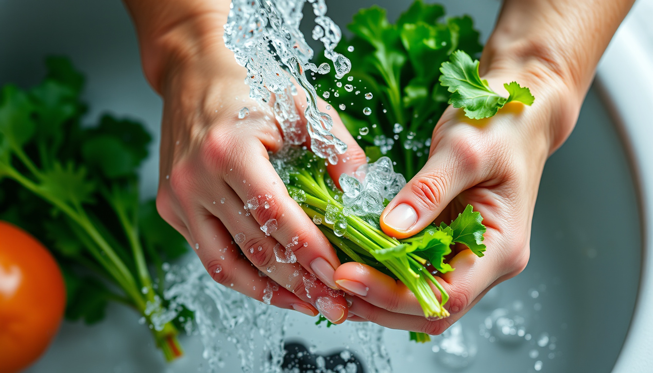  close-up of hands washing fresh vegetables thoroughly under running water