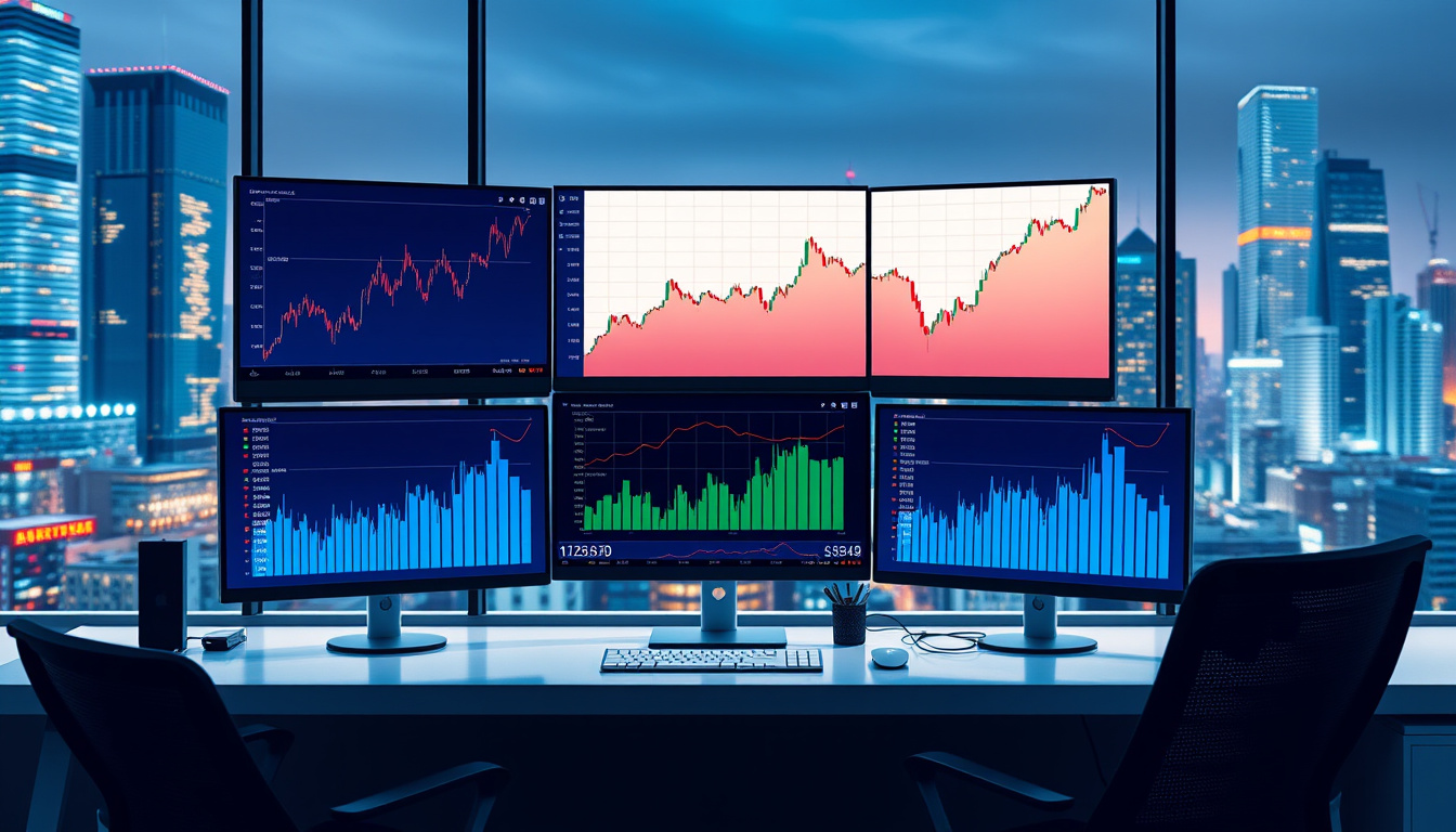  modern trading desk with multiple screens, graphs showing rising profits, dynamic cityscape background