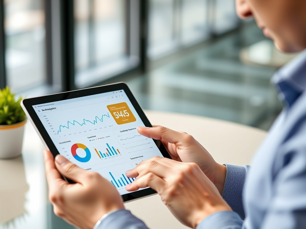 professional business person analyzing website analytics on a digital tablet with charts and graphs