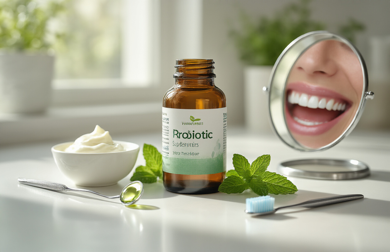 Create a realistic image of a glass bottle of probiotic supplements with a drop of fresh mint oil next to it, some yogurt in a small bowl nearby, and a dental mirror showing a healthy mouth reflection, all arranged on a clean white countertop with soft natural lighting highlighting the products, conveying freshness and oral health.