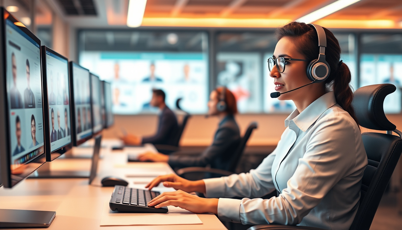  Professional call center agent efficiently handling multiple customer calls, sleek tech setup