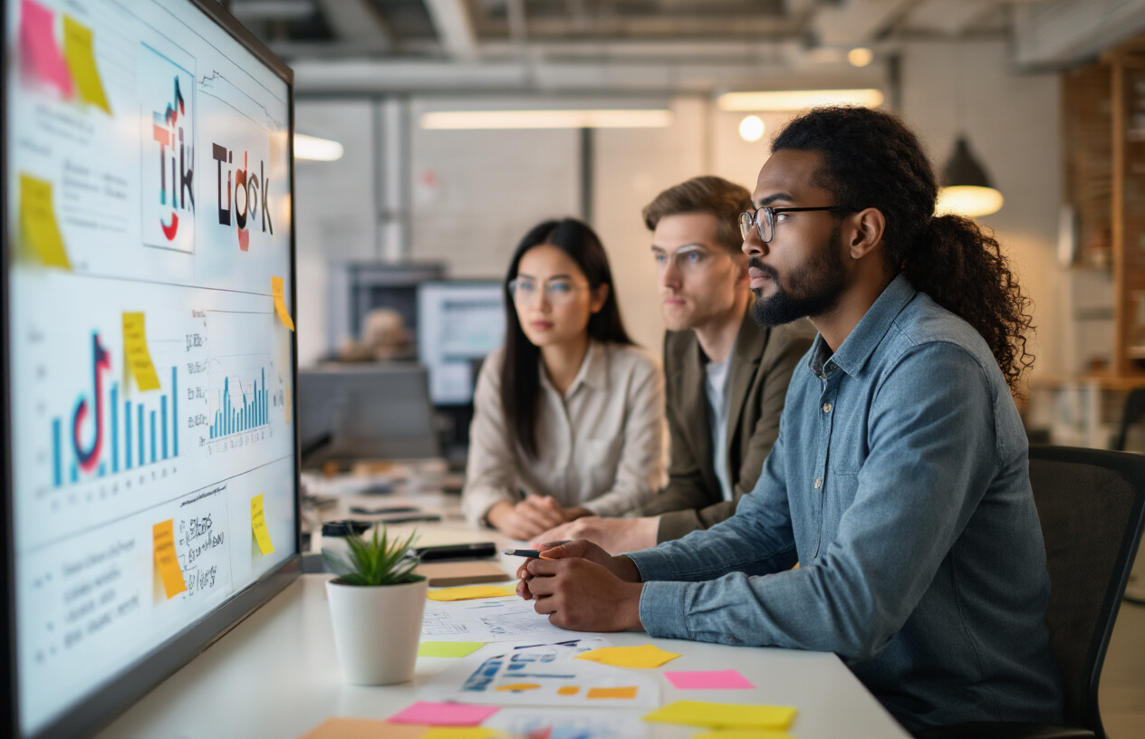 Create a realistic image of a diverse group of B2B marketing professionals (Asian female, Black male, white female) in a modern office space, looking thoughtfully at TikTok analytics on a large screen, with sticky notes and strategy documents showing challenges and questions marks, some appearing frustrated while others determined, warm corporate lighting highlighting their focused expressions.