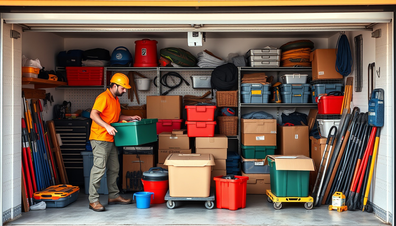  Professional junk removal team clearing clutter from a busy San Diego garage, organized tools and boxes
