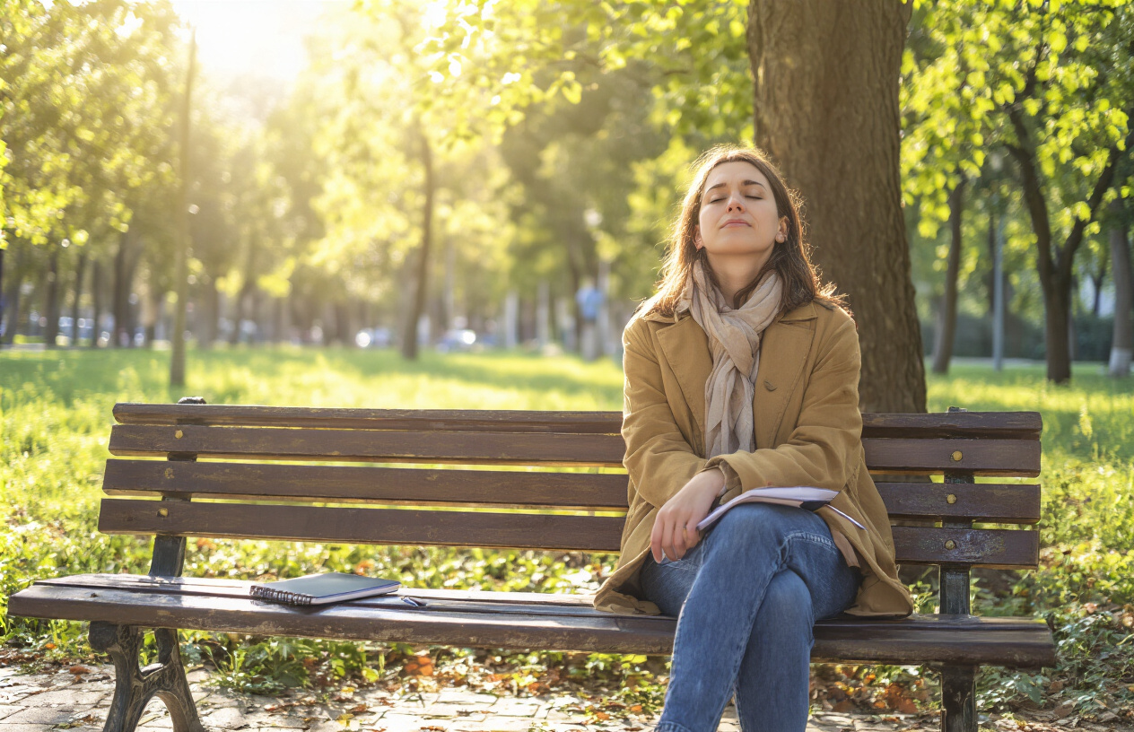 Create a realistic image of a person sitting peacefully on a park bench, their face showing relief and hope, with sunlight breaking through trees casting gentle shadows, symbolizing the journey from anxiety to calm, with a notebook and pen nearby suggesting the tools and strategies discussed in the guide.