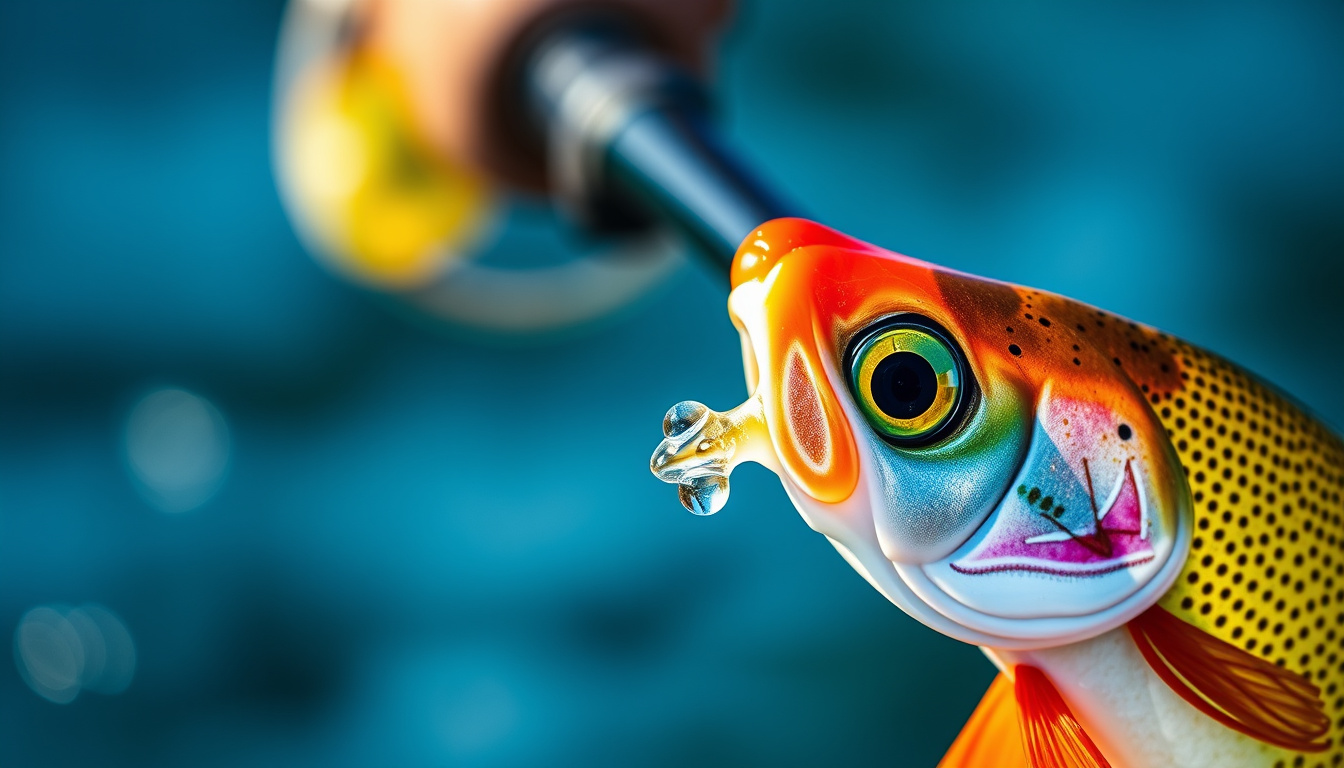  vibrant fishing gear close-up, detailed lure, water droplets, bright outdoor setting