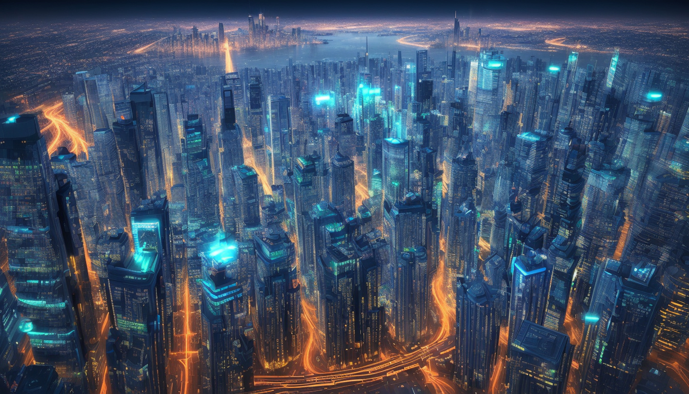  dynamic cityscape with giant Bitcoin holograms, glowing blockchain networks, high-tech atmosphere