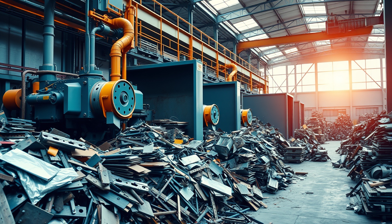  Industrial scrapyard with recycling machines and metal piles