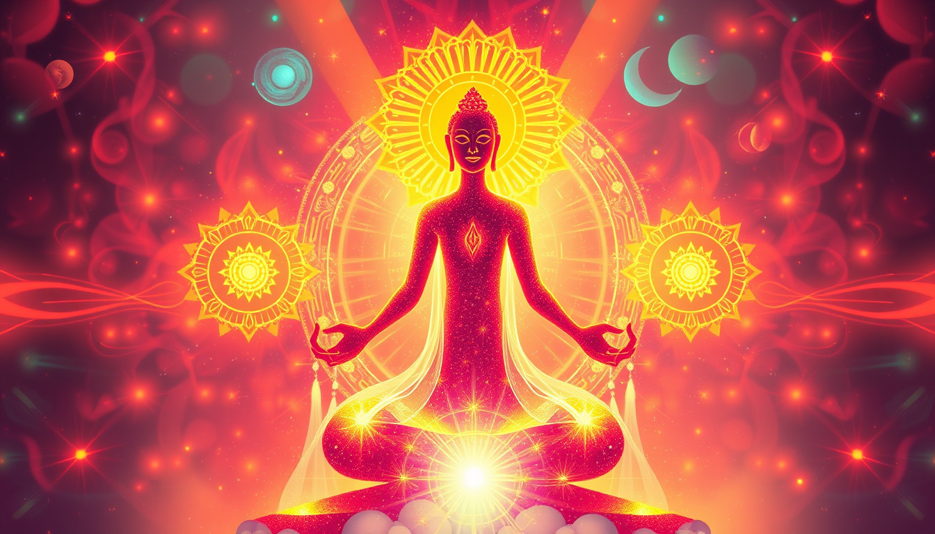  ancient spiritual symbols glowing around calm figure, vibrant energy, harmonious aura