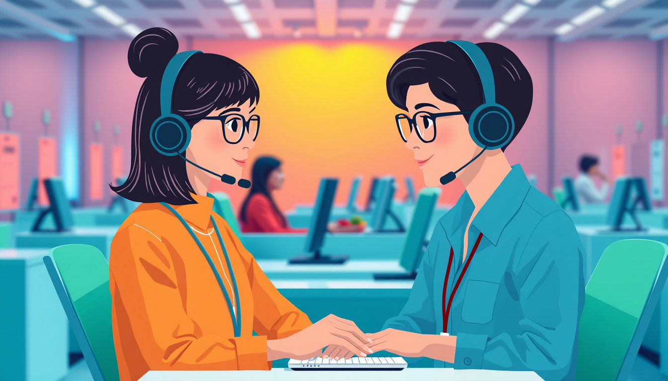  Interactive AI dialogue agents assisting diverse customers with seamless solutions in a vibrant call center