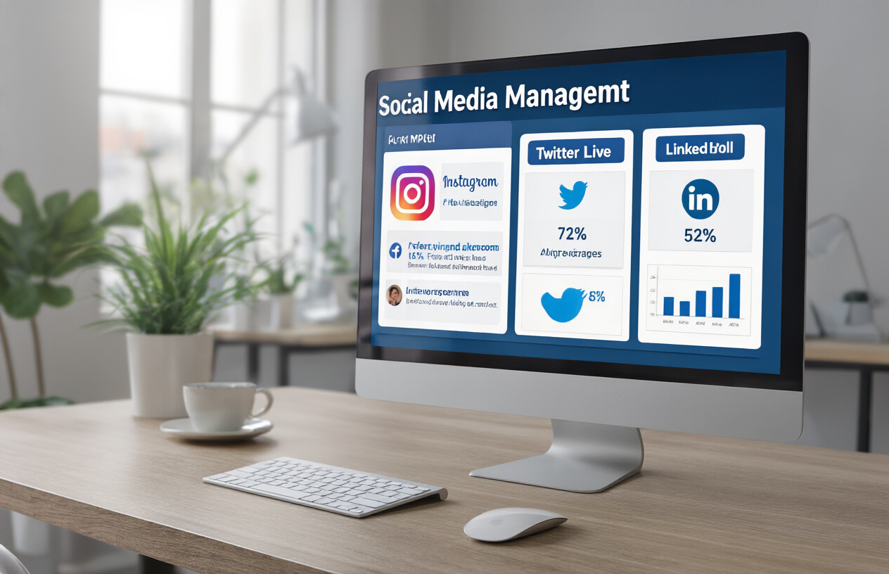 Create a realistic image of a diverse social media management dashboard displaying various platform-specific features like Instagram Stories, Facebook Live, Twitter Polls, and LinkedIn Articles, with analytics graphs showing improved engagement when these features are used, all displayed on a modern computer screen in a well-lit office environment.