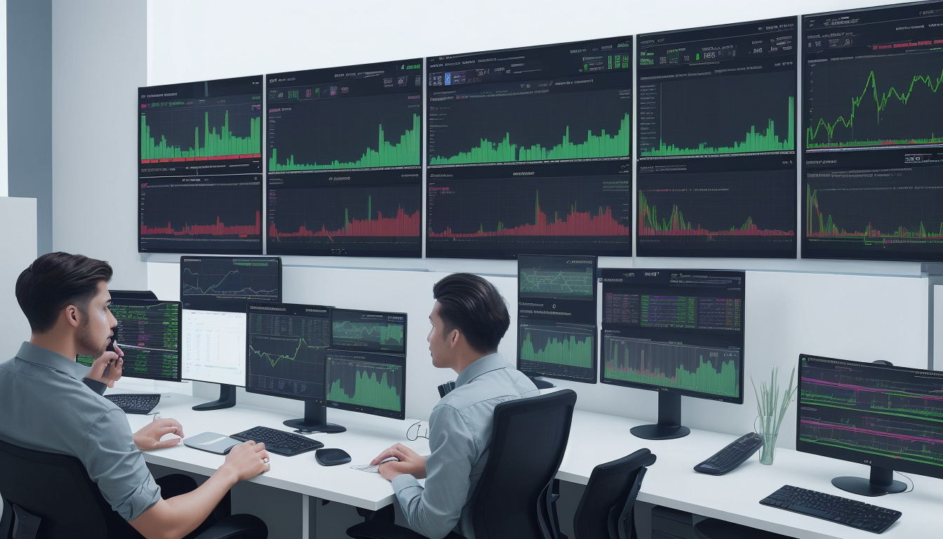  Confident trader analyzing crypto graphs on multiple screens in a sleek modern office