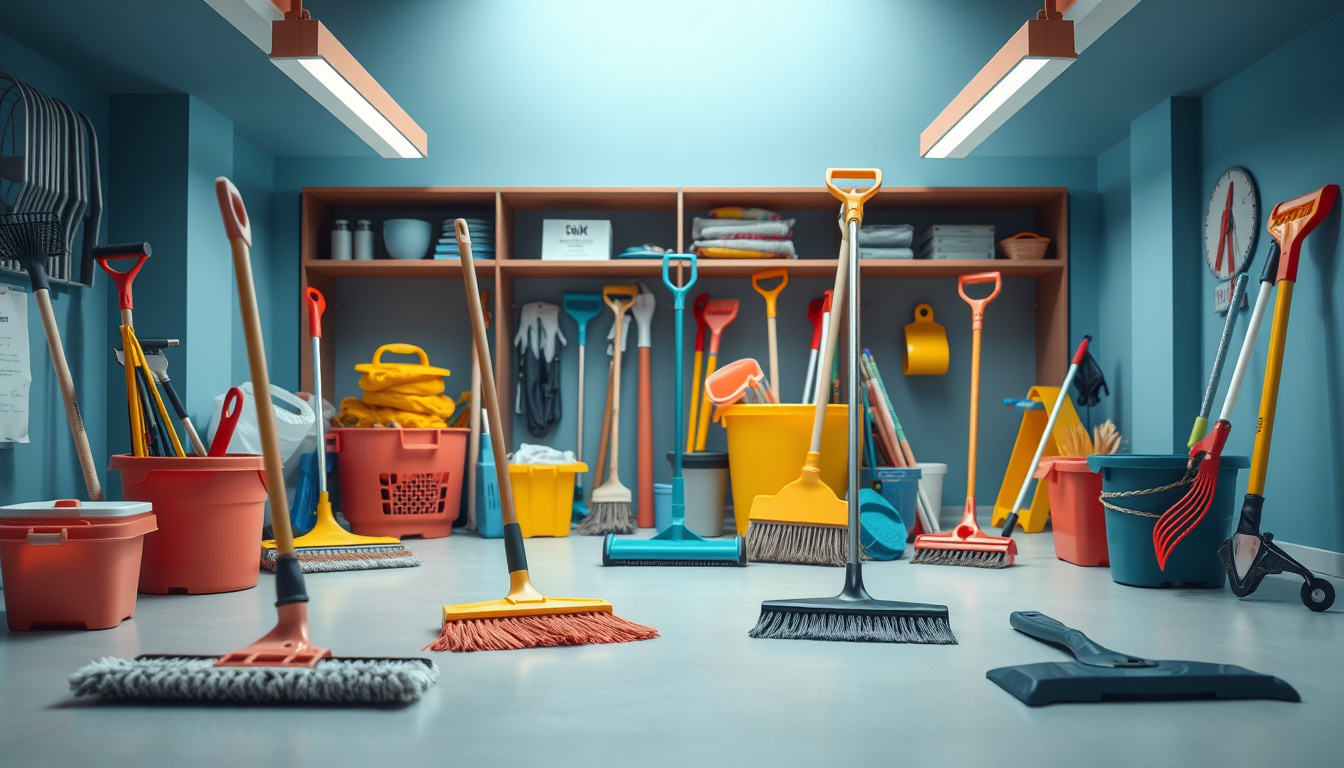  Workers sweeping and organizing tools for a tidy workspace