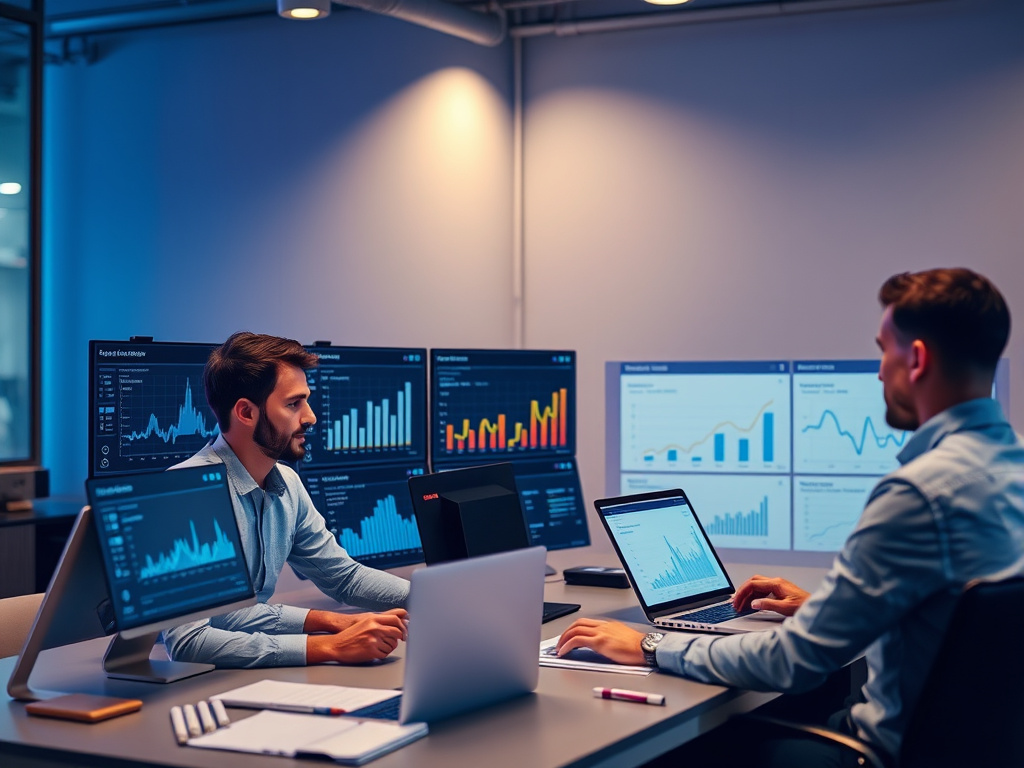 corporate team managing social media accounts with analytics dashboards