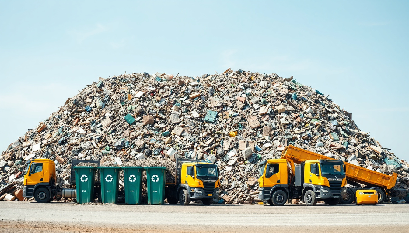  organized construction debris piles with recycling bins, industrial trucks loading rubble, clear sky background