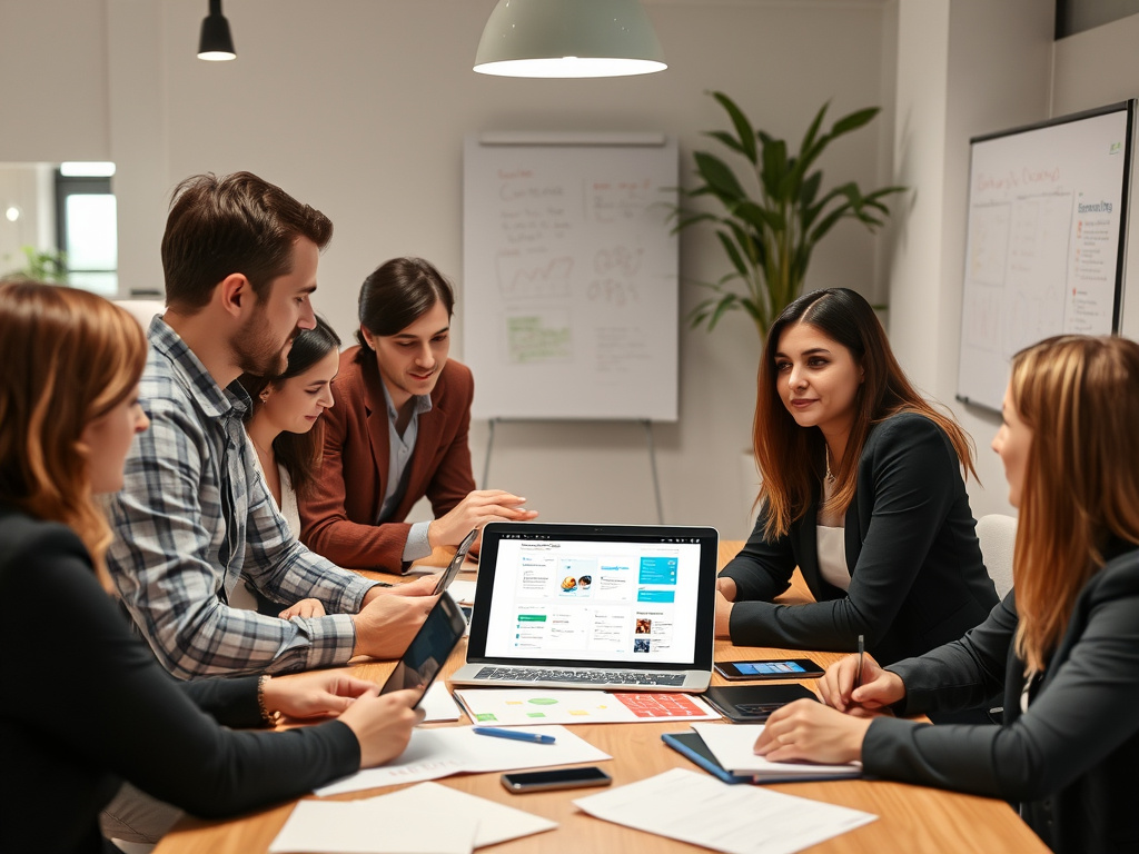 professional marketing team brainstorming content ideas with digital content planning tools