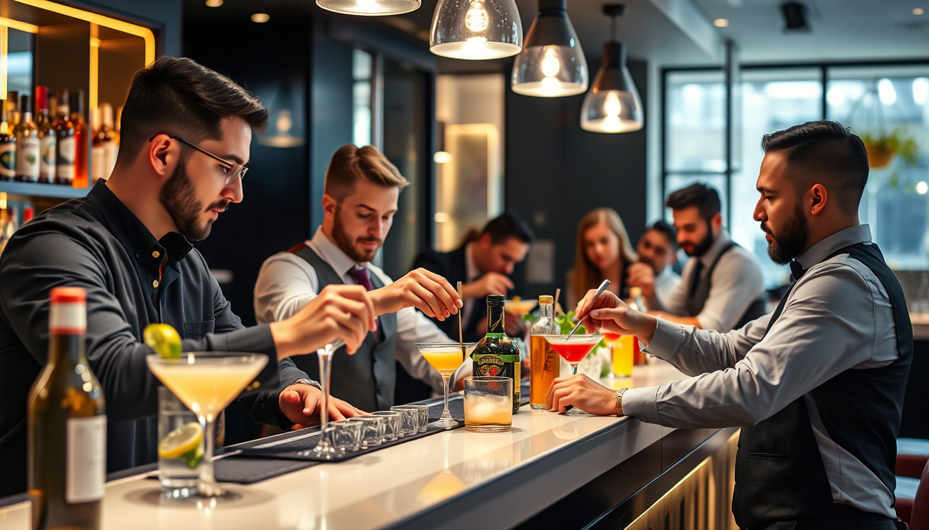  professional bar training session, attentive trainees learning cocktail techniques, modern bar interior