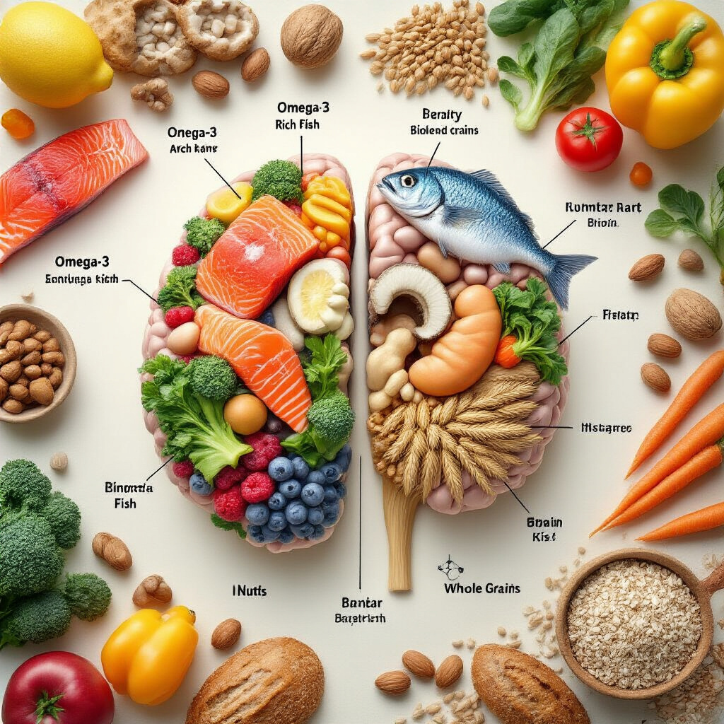 Create a realistic image of a cross-section of a human brain with key nutrients and foods surrounding it, including omega-3 rich fish, colorful fruits, vegetables, nuts, and whole grains, with scientific-looking labels pointing to different brain regions affected by specific nutrients, all presented on a clean, light background with soft lighting highlighting the brain's intricate details.