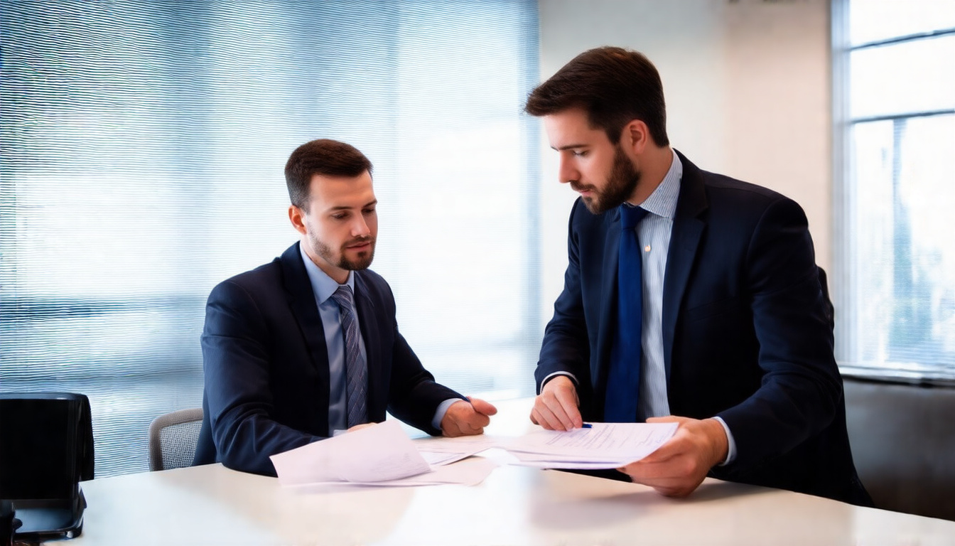  A claimant discussing with an insurance agent over paperwork and documents in a bright, modern office