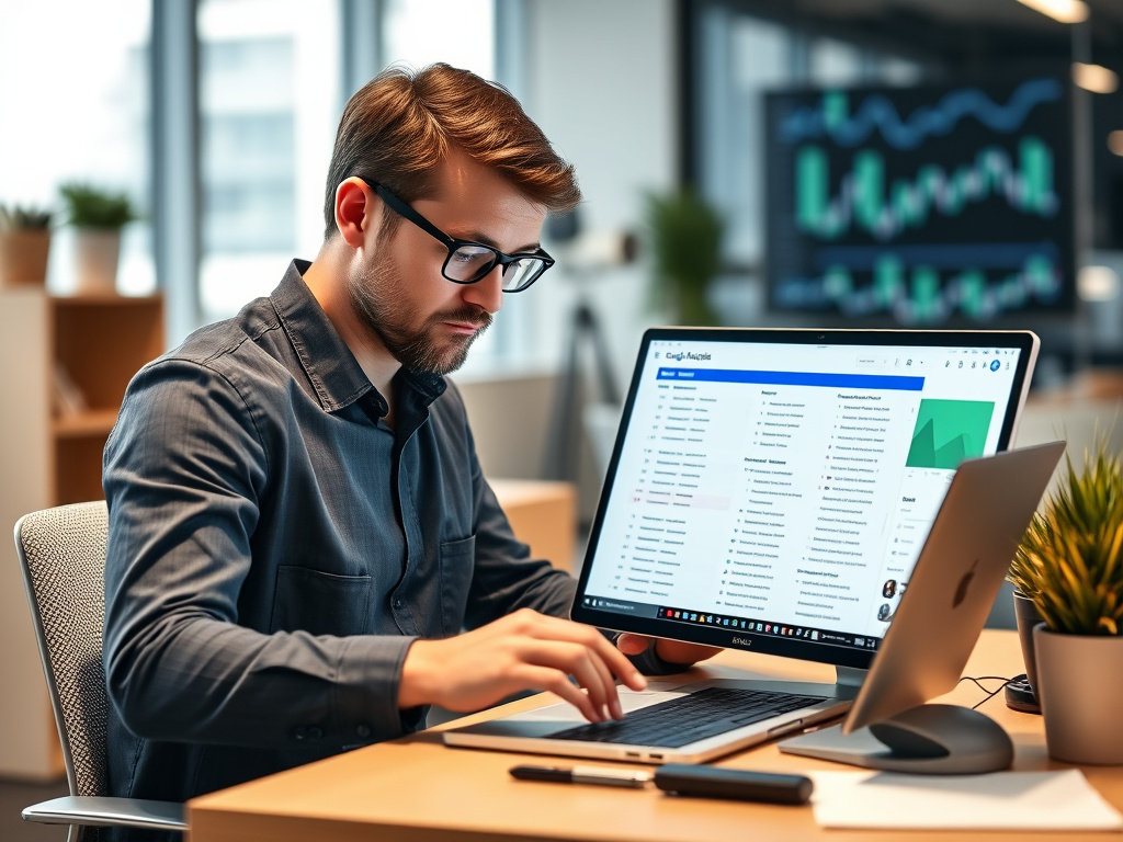 professional SEO specialist analyzing backlink profiles on a digital device in a modern office