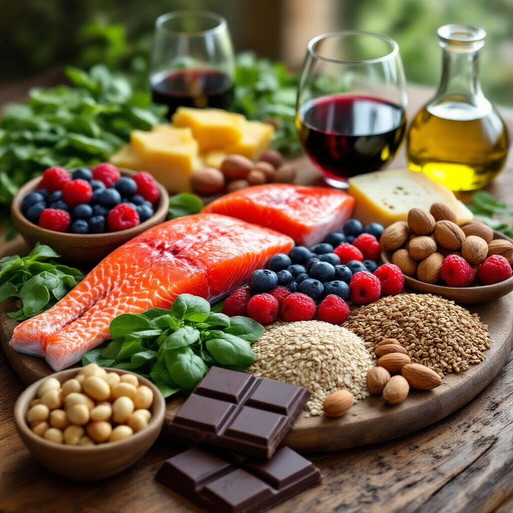 Create a realistic image of a diverse array of brain-healthy foods arranged attractively on a wooden table, including fatty fish, colorful berries, nuts, leafy greens, olive oil, and whole grains, with a glass of red wine and dark chocolate squares, under soft natural lighting suggesting a Mediterranean dietary pattern known for cognitive benefits.