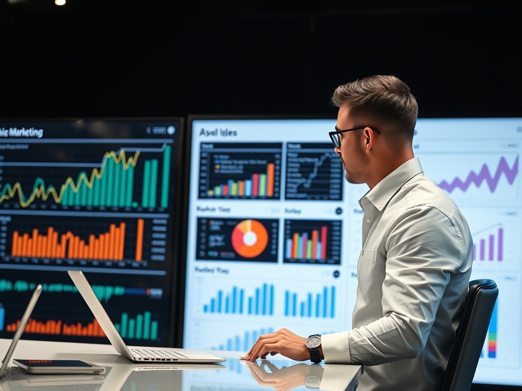 Corporate professional analyzing digital marketing metrics on a large screen with charts and graphs