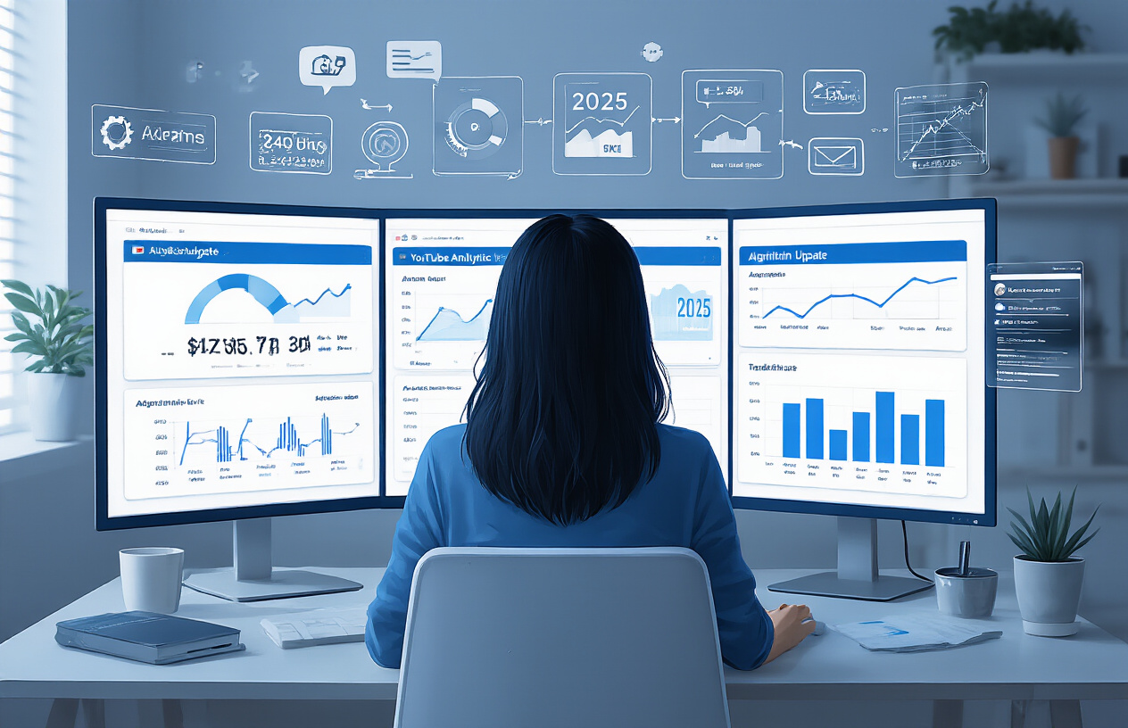 Create a realistic image of a professional-looking Asian female content creator sitting at a desk with multiple screens displaying YouTube analytics dashboards, algorithm flowcharts, and trend graphs labeled "2025," with one screen showing notification of "Algorithm Update," all bathed in a blue-white tech glow against a modern home office setting.