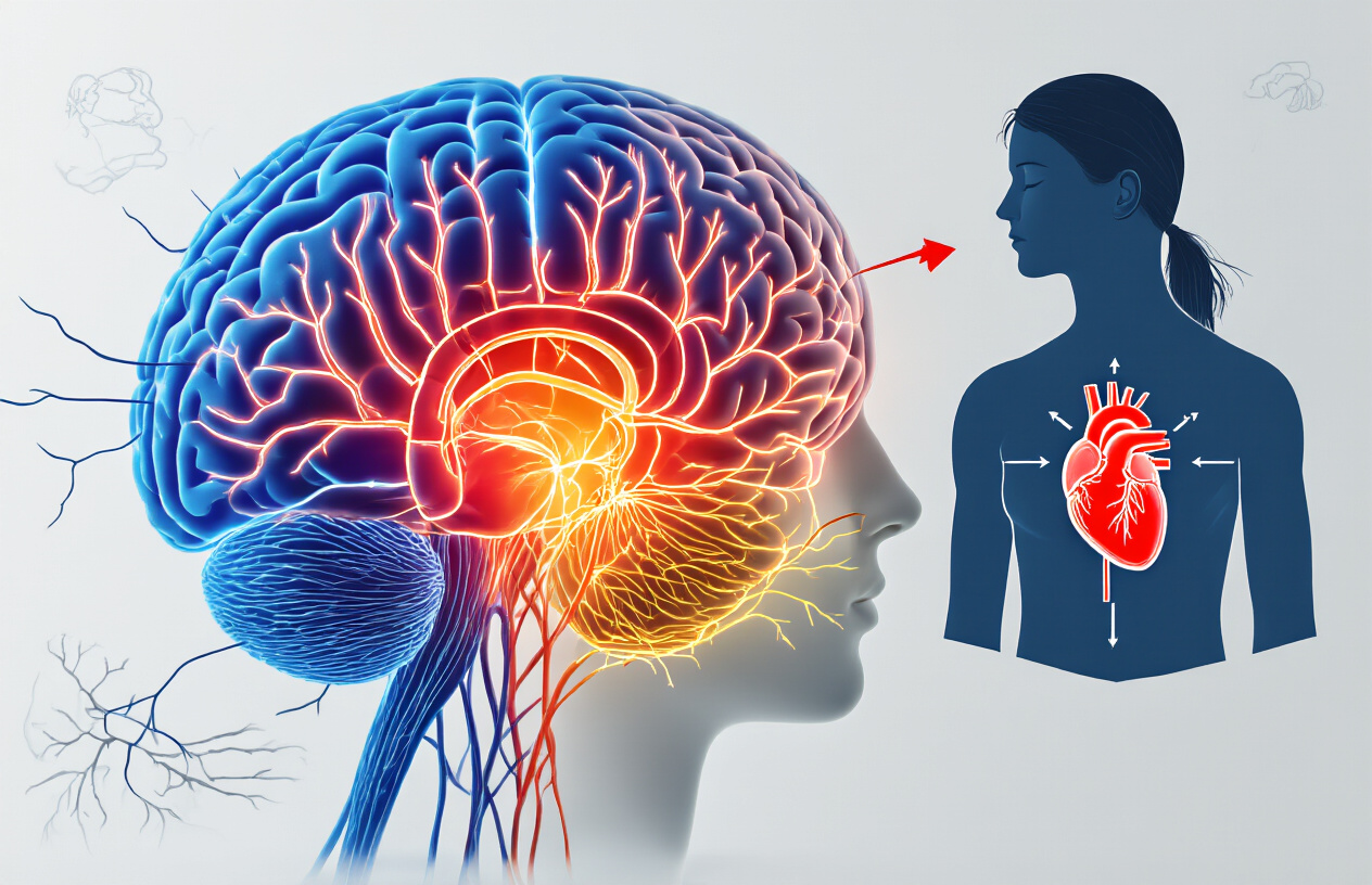 Create a realistic image of a human brain with visible neural pathways illuminated in bright colors, alongside a simplified diagram showing the amygdala highlighted in red, with arrows indicating stress hormone release, and a silhouette of a person showing physical symptoms of anxiety like increased heart rate (indicated by heart icon), sweating, and muscle tension, all on a clean white medical background with subtle anatomical sketches.