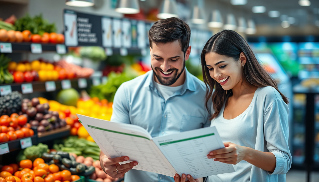  happy family comparing prices on grocery list, neat budget planner, colorful fresh produce in background