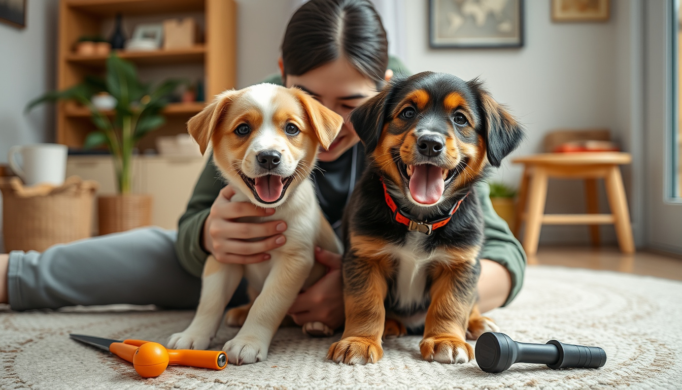  Happy puppy with a trainer in a cozy home environment, training tools nearby