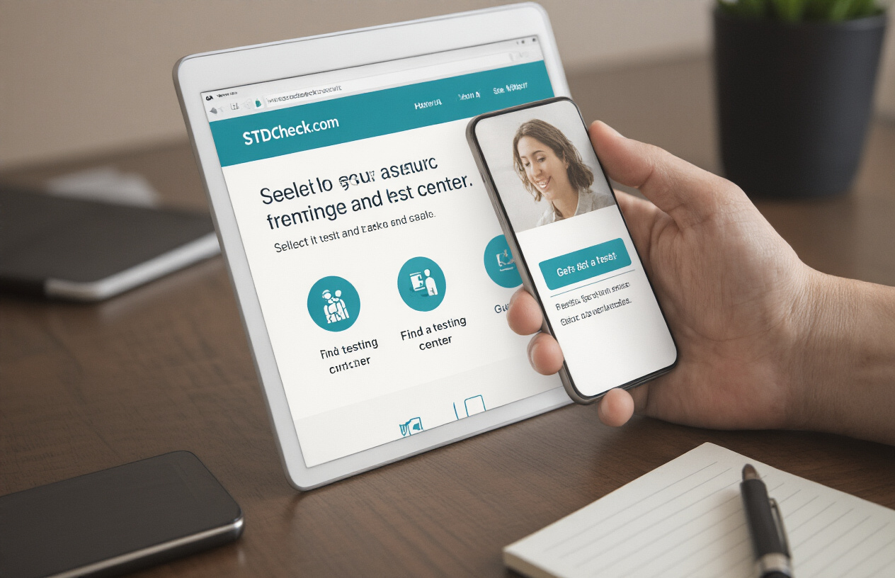 Create a realistic image of a person's hand holding a smartphone displaying the STDcheck.com website homepage, with a step-by-step guide visible on the screen showing how to select a test, find a testing center, and get results, all on a clean desk with a notepad and pen nearby, in natural lighting.