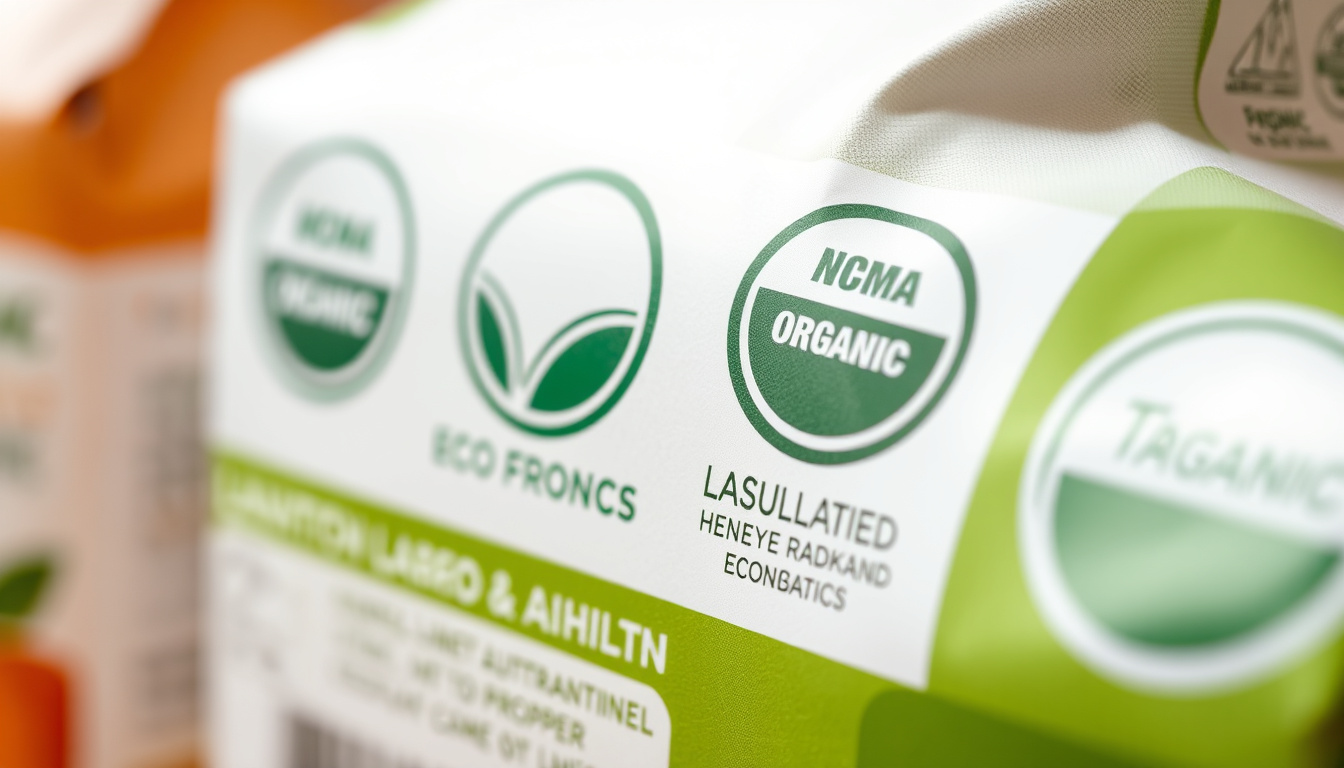  Close-up of eco-friendly food labels and certifications on organic product packaging, clean and clear text