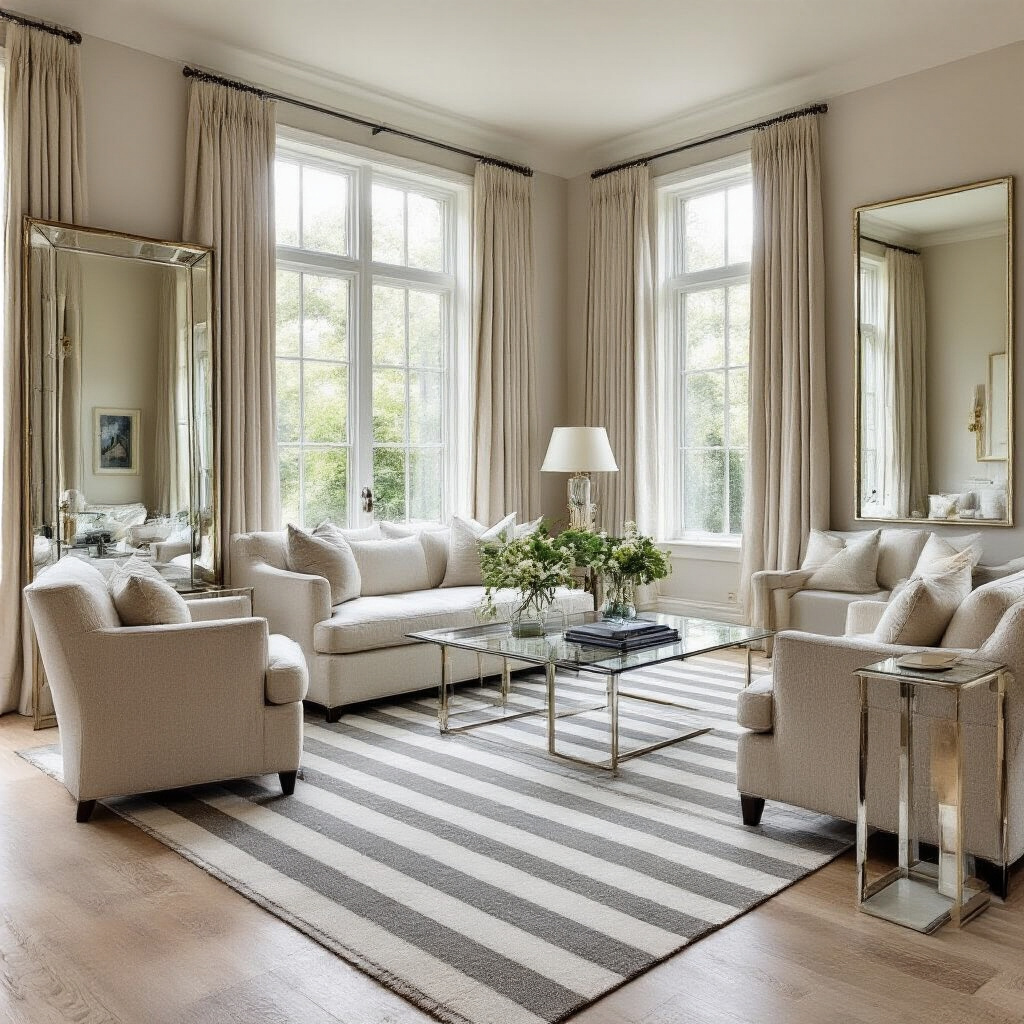 Create a realistic image of a stylishly decorated living room with strategic mirrors, light-colored furniture, and glass accent tables creating an illusion of more space, featuring diagonal striped area rugs that lead the eye outward, and tall floor-to-ceiling curtains in a light color that make the ceiling appear higher, all bathed in natural light streaming through large windows.