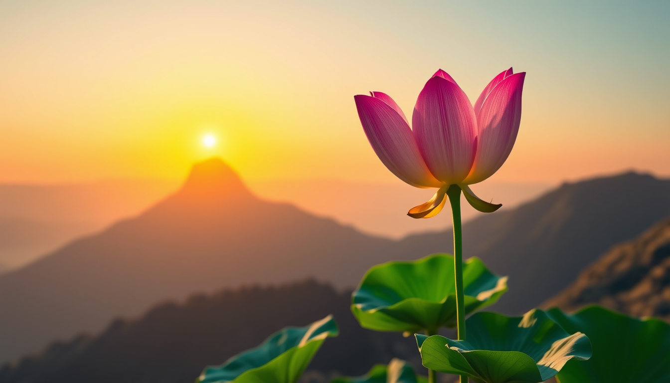  A vibrant lotus blooming atop a serene mountain, radiant sunrise in the background