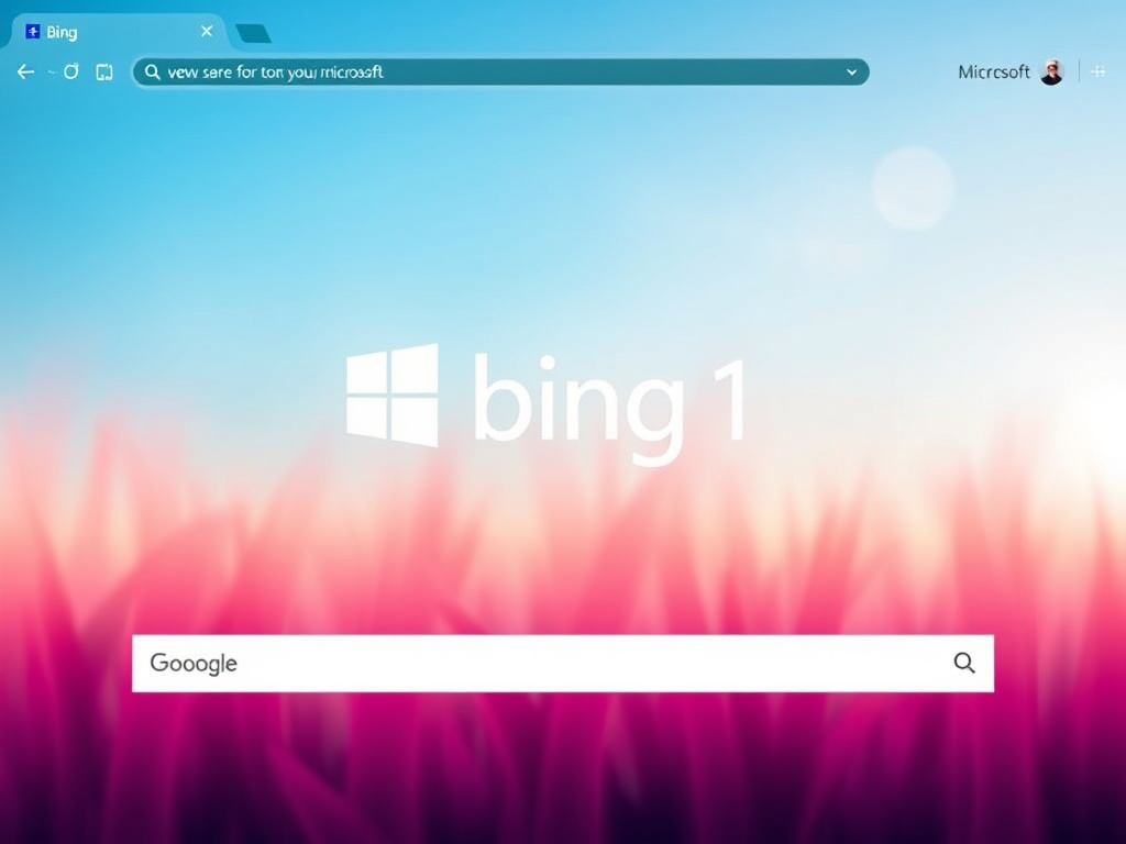 Microsoft Bing homepage featuring a visually engaging background and search bar in a corporate style
