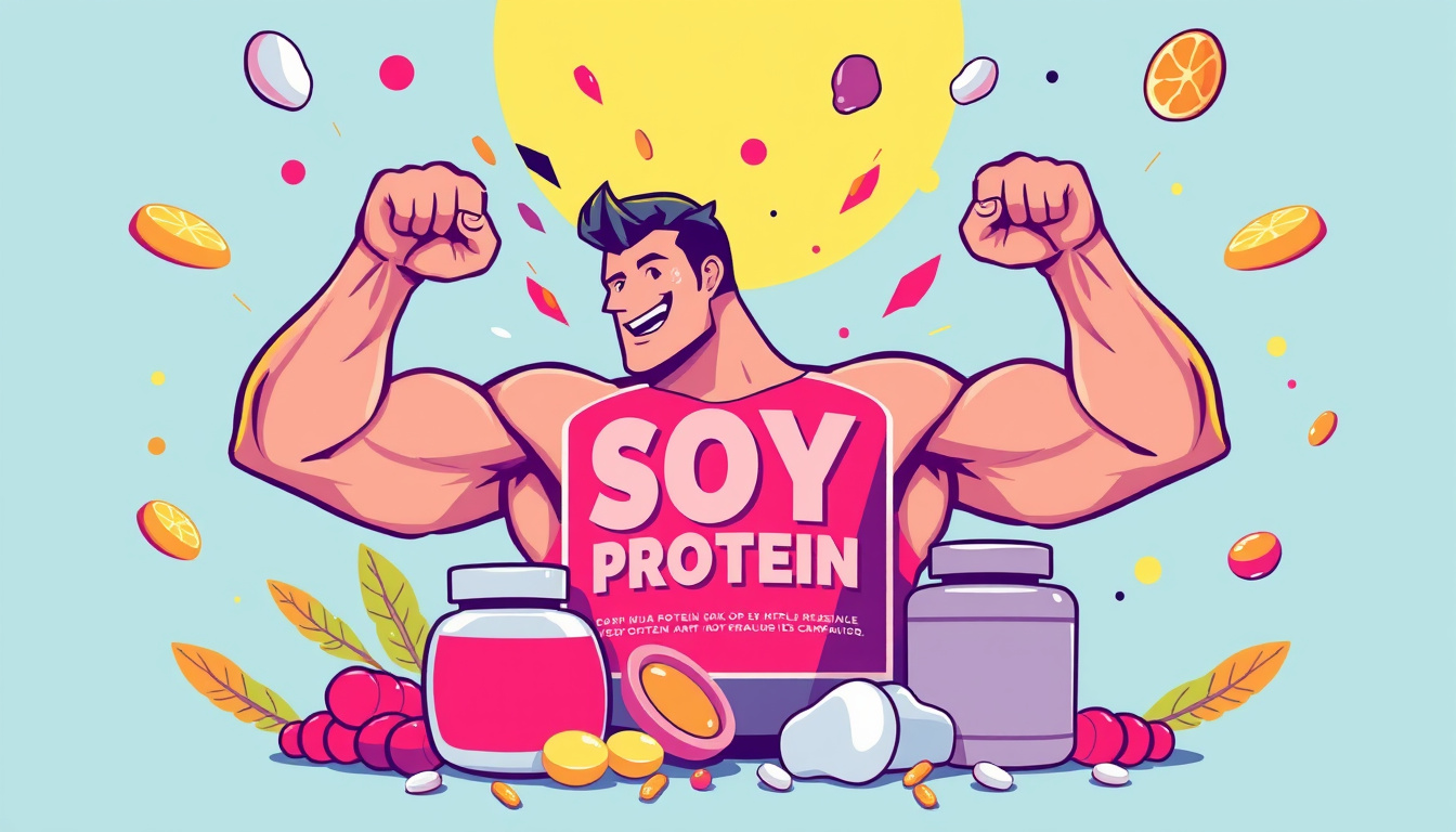  Vibrant illustration of soy protein and supplements promoting muscle growth, dynamic and colorful