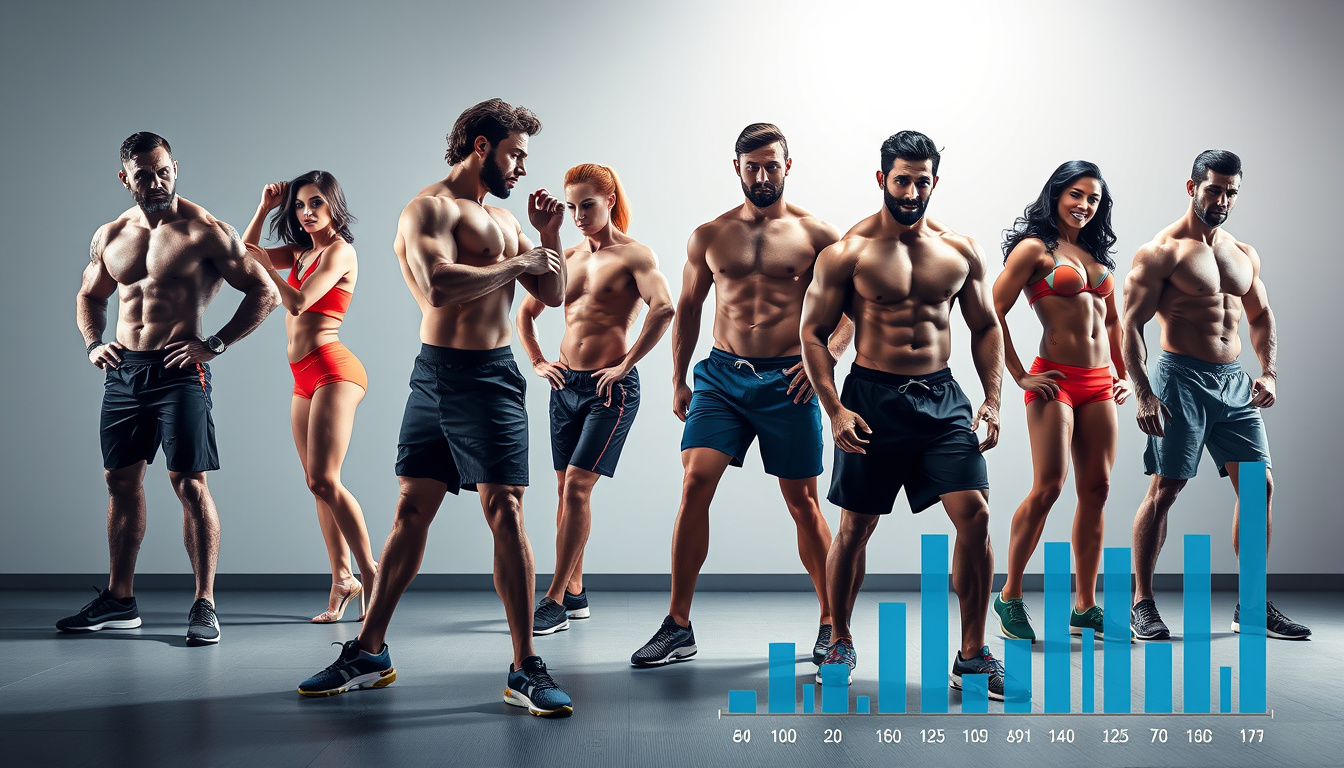  A dynamic fitness scene showcasing diverse physiques and body composition metrics