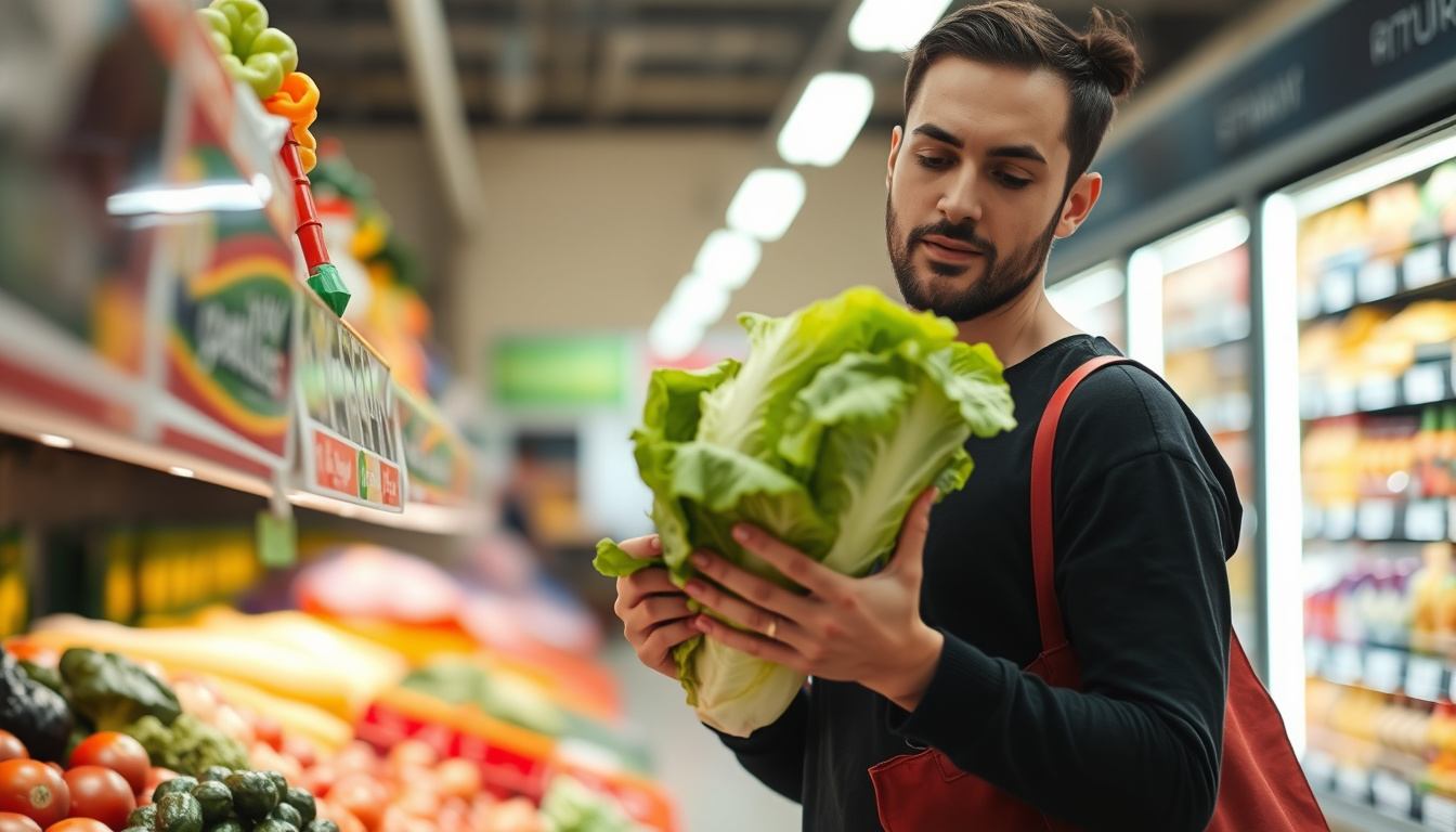  shopper inspecting a crisp lettuce head in a grocery store, focused expression, bright background