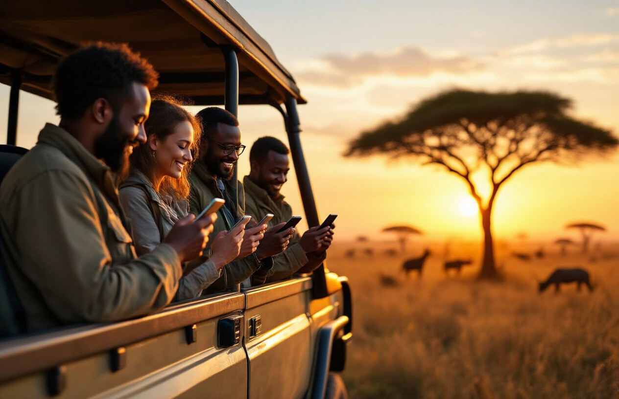 Esims: Top 10 Safari Destinations To Explore 12 Create a realistic image of a diverse group of travelers standing on a safari vehicle at sunset, checking their smartphones with satisfied expressions, with African savanna landscape in the background featuring silhouettes of acacia trees and distant wildlife, warm golden lighting highlighting connectivity in remote wilderness.