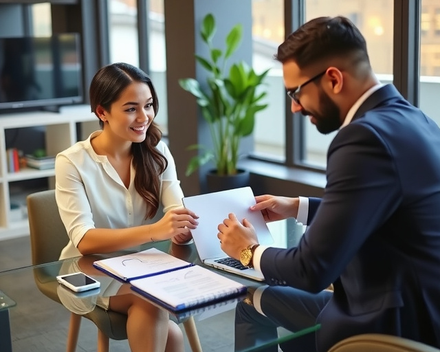 professional photo of a financial coach in business casual attire meeting with a diverse client in a modern office setting, they are reviewing financial documents together on a glass table with laptops and notebooks, warm natural lighting from large windows, plants in background, professional yet welcoming atmosphere