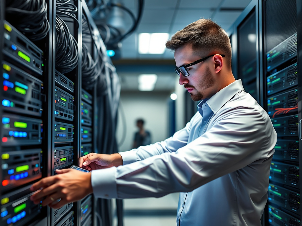 professional IT specialist configuring network hardware with corporate aesthetic