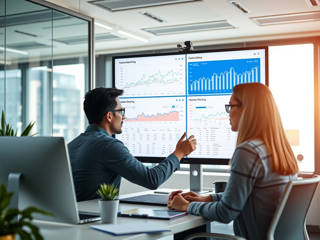 corporate digital marketing team analyzing PPC campaign dashboards in a modern office environment