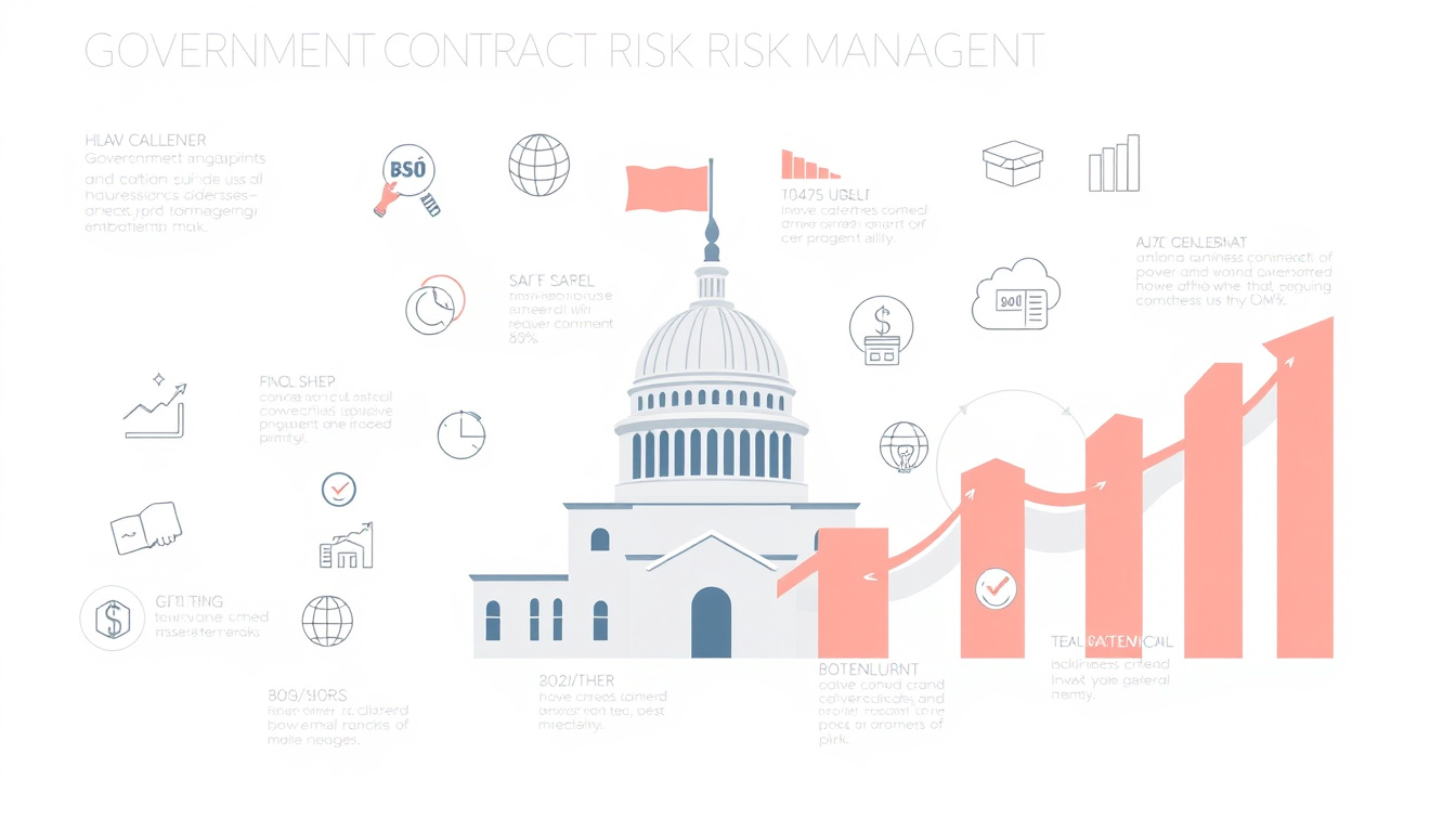  detailed infographic of government contract risk management, small business growth icons, financial charts background