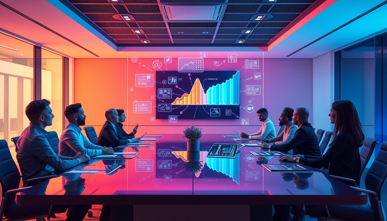  dynamic corporate boardroom with holographic strategy projections, diverse executives collaborating, high-tech ambiance