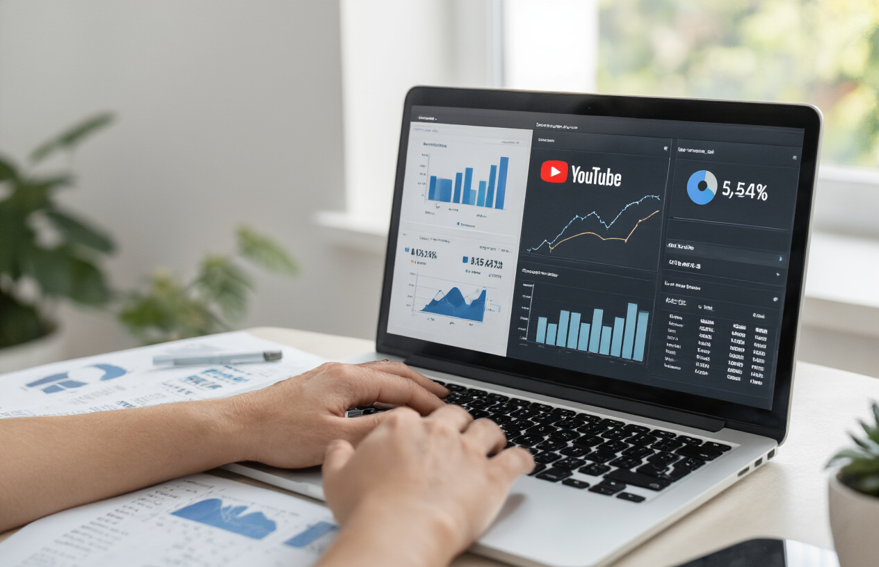 Create a realistic image of a person's hands typing on a laptop displaying charts, graphs, and analytics dashboards with YouTube logo and metrics visible on screen, set in a modern home office with soft natural lighting coming from a window, showing data visualization tools and spreadsheets related to content performance and audience engagement.