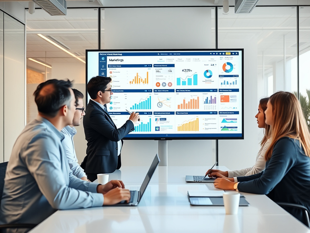 professional team analyzing digital marketing strategies on a large screen in a corporate office